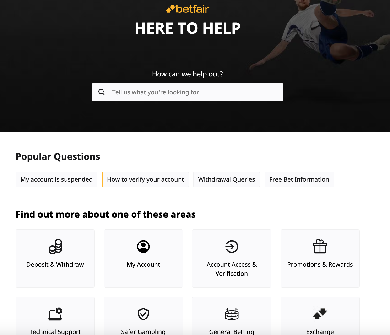 Betfair's Help Centre homepage, with a search tool, popular questions, and query categories at the bottom